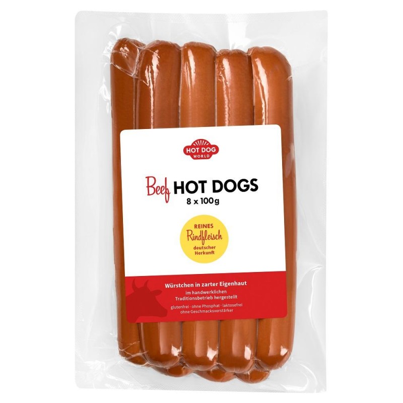 Saucisses Hot Dogs pur boeuf 8 x 100g, le véritable Hot Dog américain