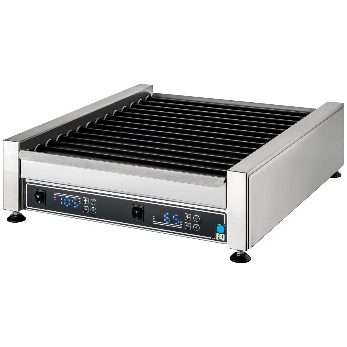 Roller grill de comptoir vide avec rangée de rouleaux et commandes en façade.