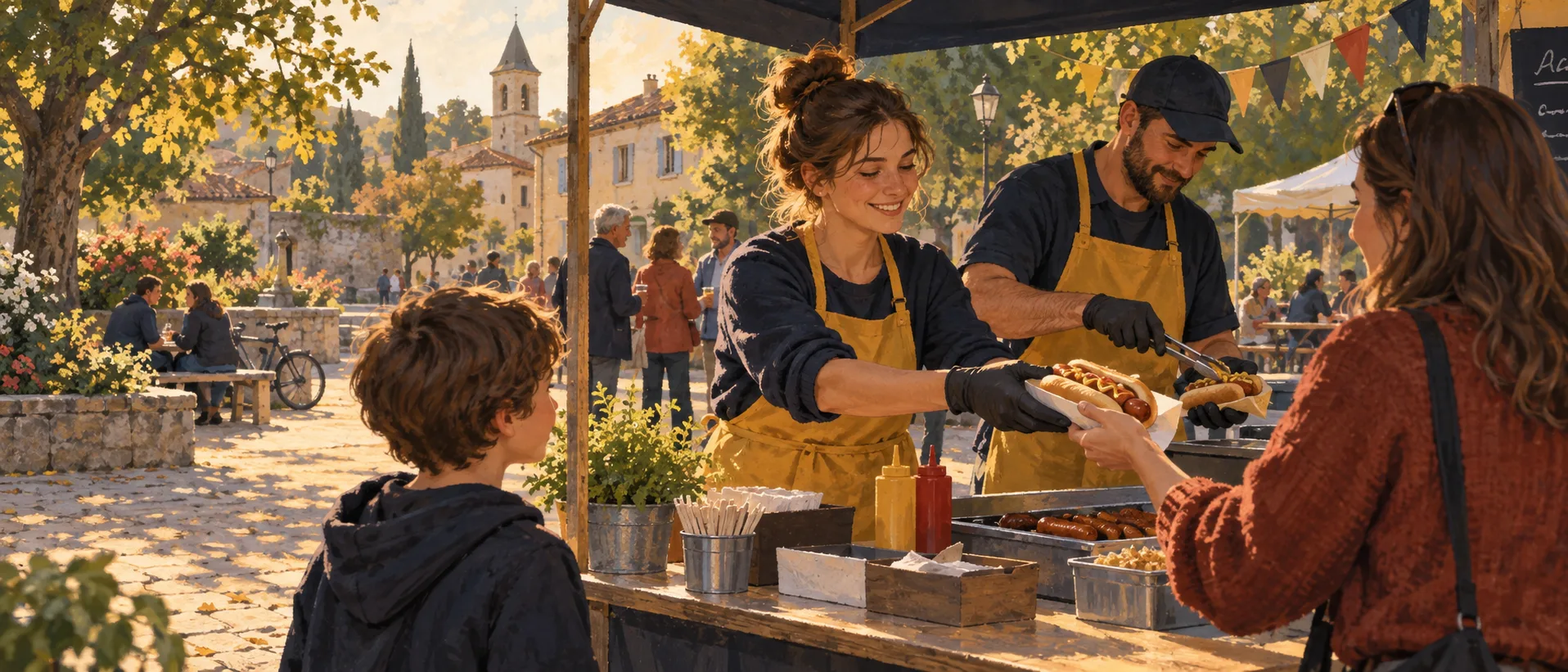 Service de hot-dogs sur un stand associatif en plein air