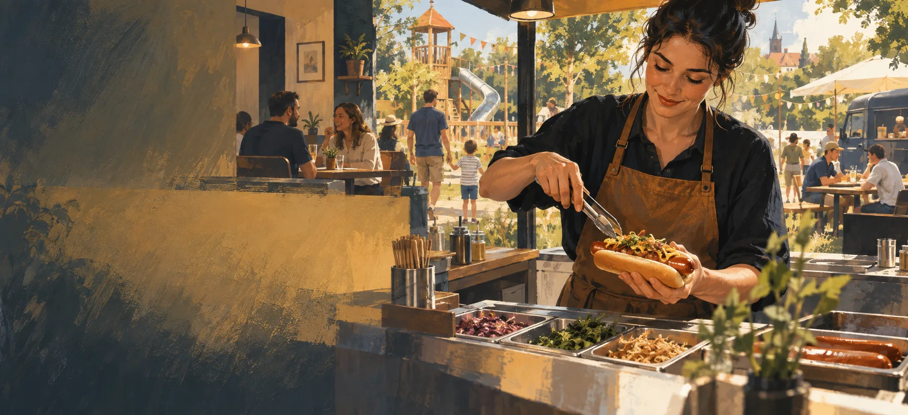 Illustration générée par IA : préparation d’un hot-dog entre restaurant, loisirs et événement