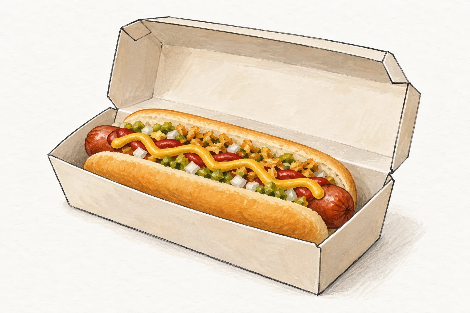 Illustration d’un hot-dog garni dans une boîte ouverte laissant de l’espace autour des garnitures.