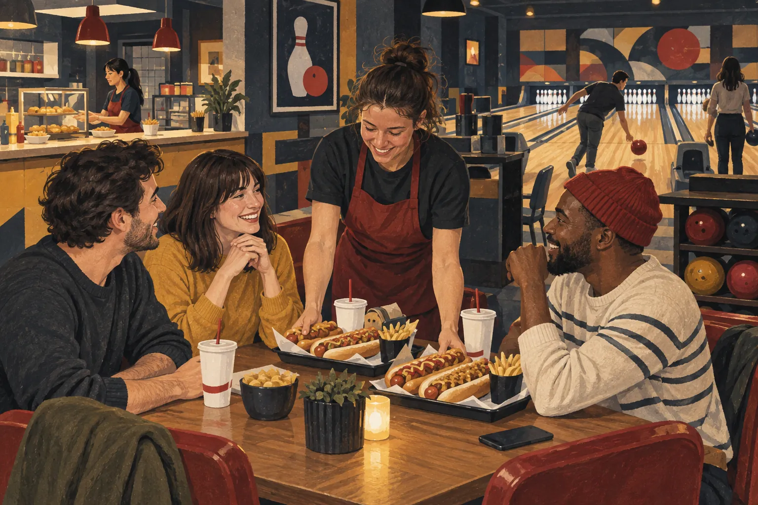 Illustration d’un groupe recevant des plateaux de hot dogs dans l’espace restauration d’un bowling.