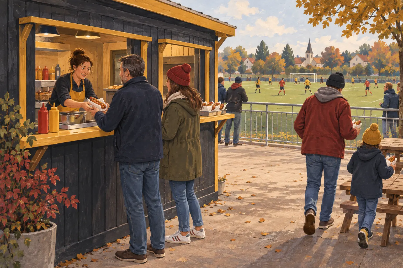 Illustration d’une buvette de club sportif, avec comptoir de commande, retrait et circulation des spectateurs.