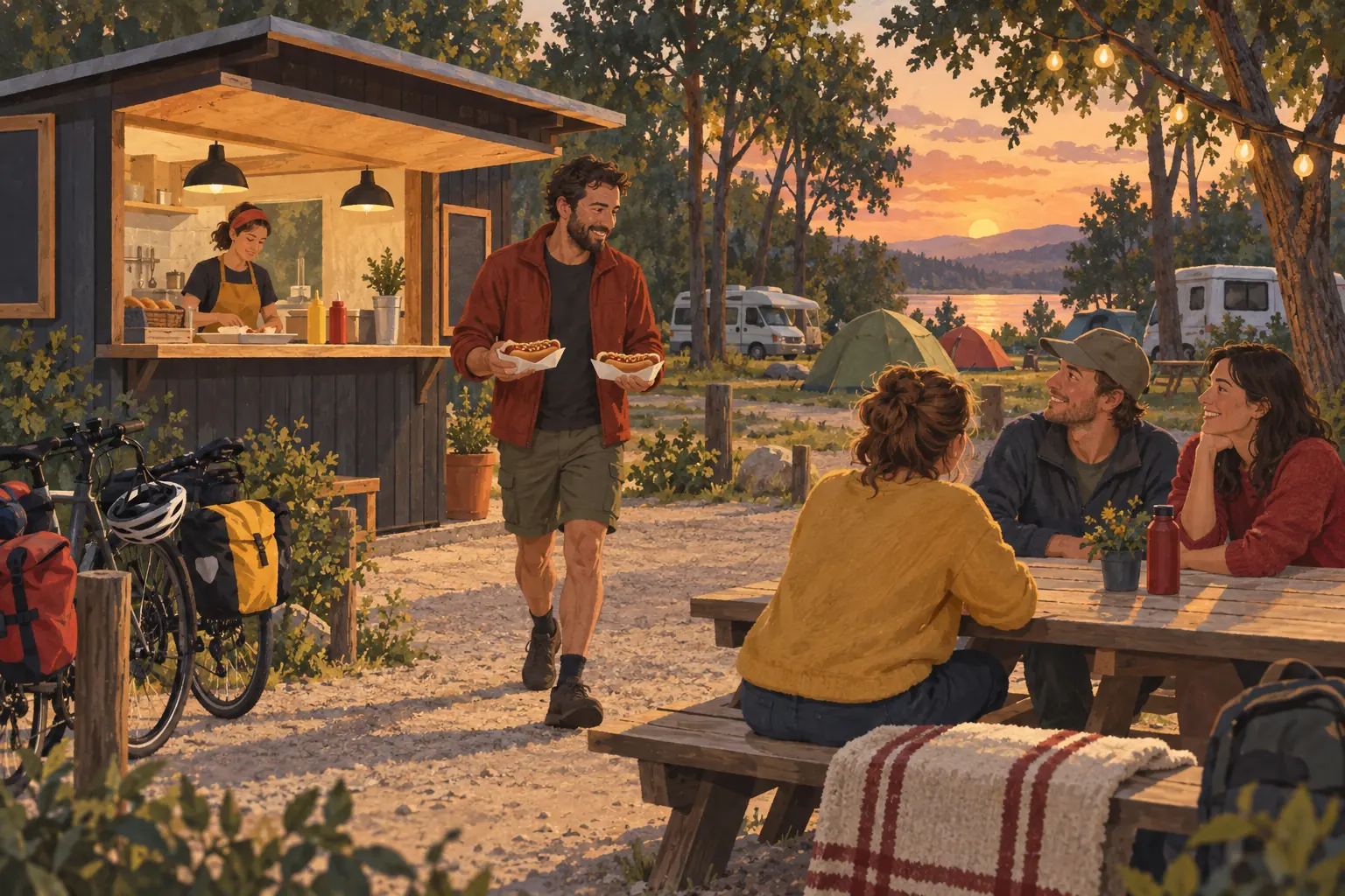 Illustration d’un snack de camping avec terrasse, cheminement piéton et emplacements en arrière-plan.