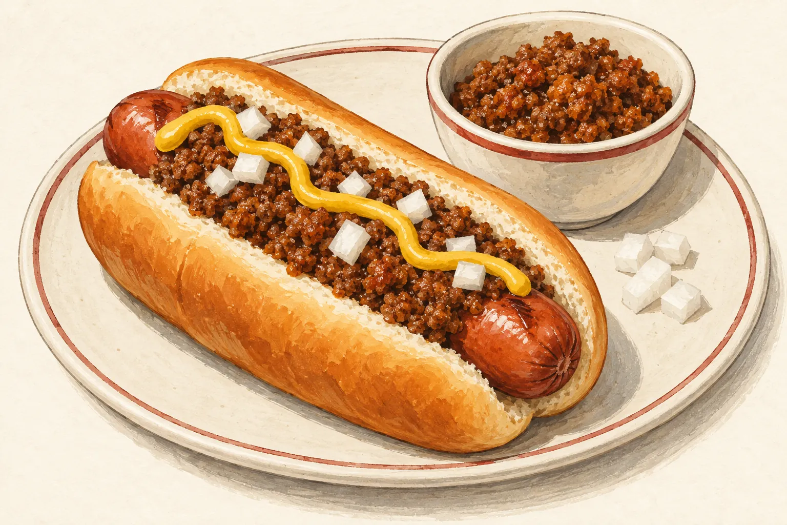 Illustration d’un chili dog où restent visibles le pain, la saucisse, le chili, la moutarde et l’oignon.