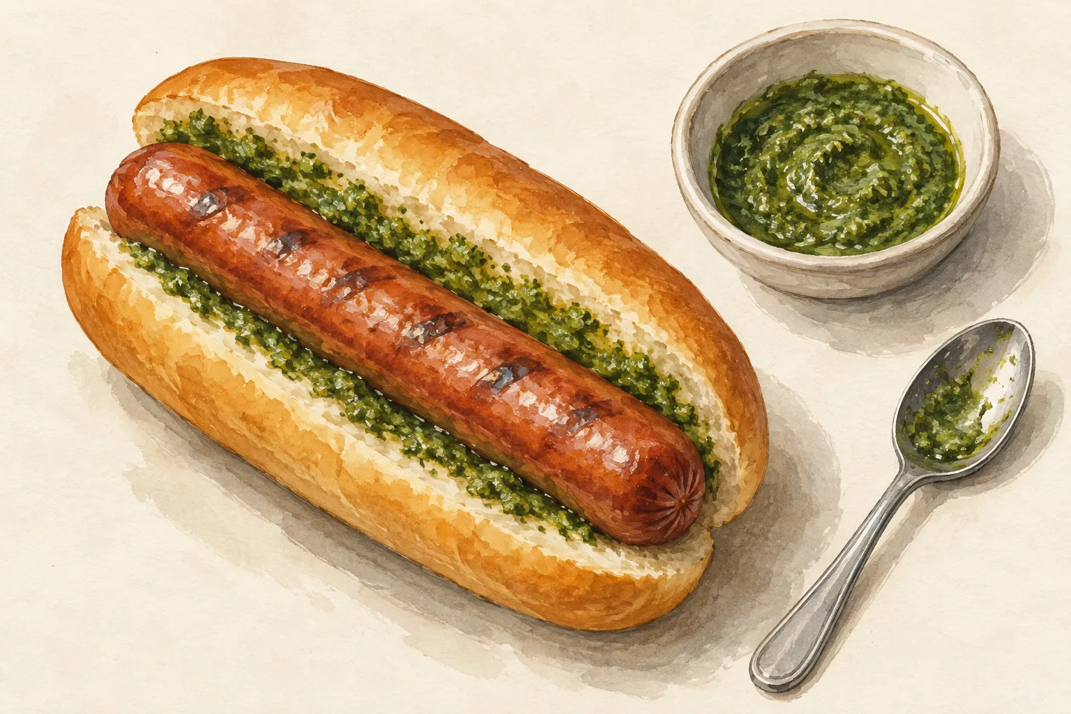 Illustration d’un hot dog composé de pain, d’une saucisse et d’une fine couche de pesto.