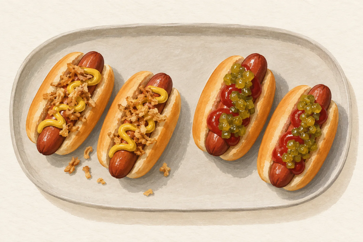 Illustration d’un plateau avec des mini hot dogs moutarde-oignons croustillants et ketchup-relish.