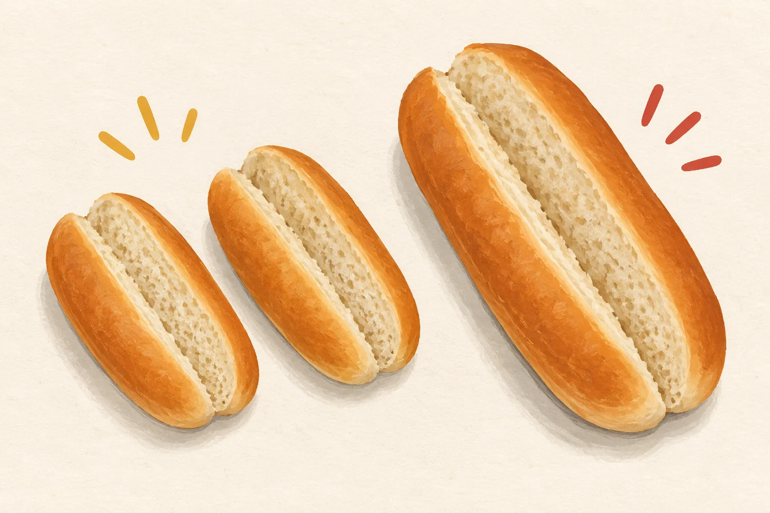 Illustration comparant deux petits pains mini hot dog ouverts à un pain allongé de format standard.