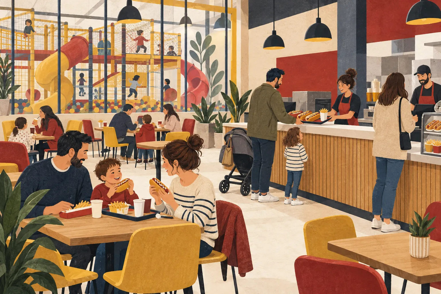 Illustration d’un espace snack familial séparé des jeux, avec commande au comptoir et tables.