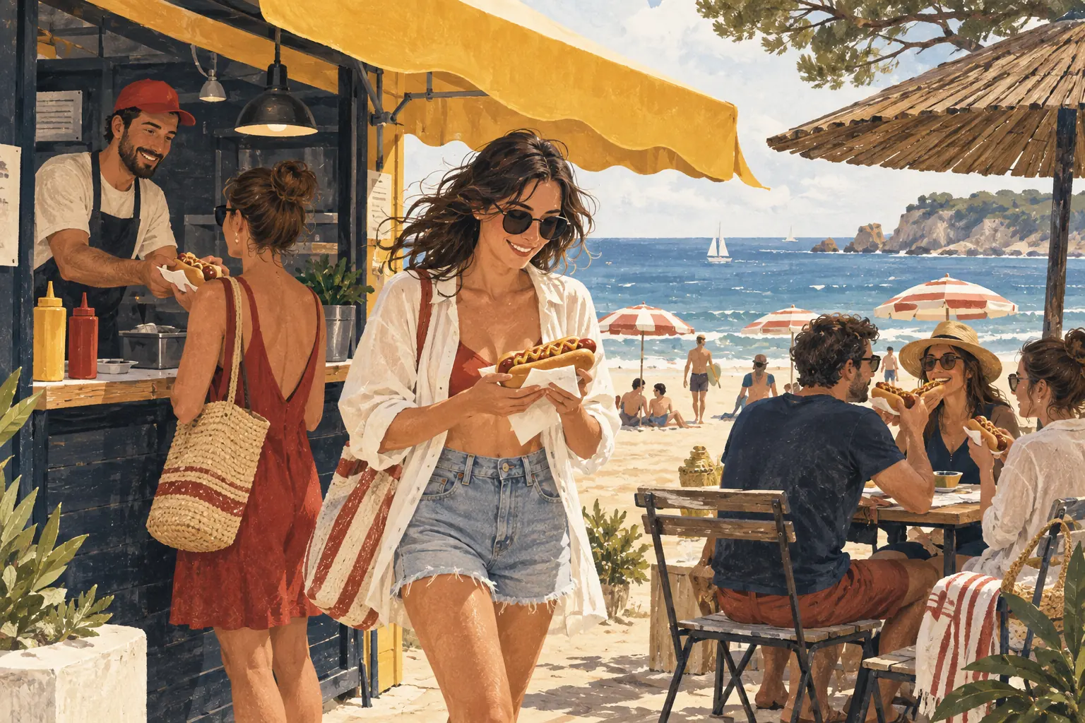 Illustration d’un snack de plage, avec remise d’un hot dog dans son emballage et tables à l’ombre.