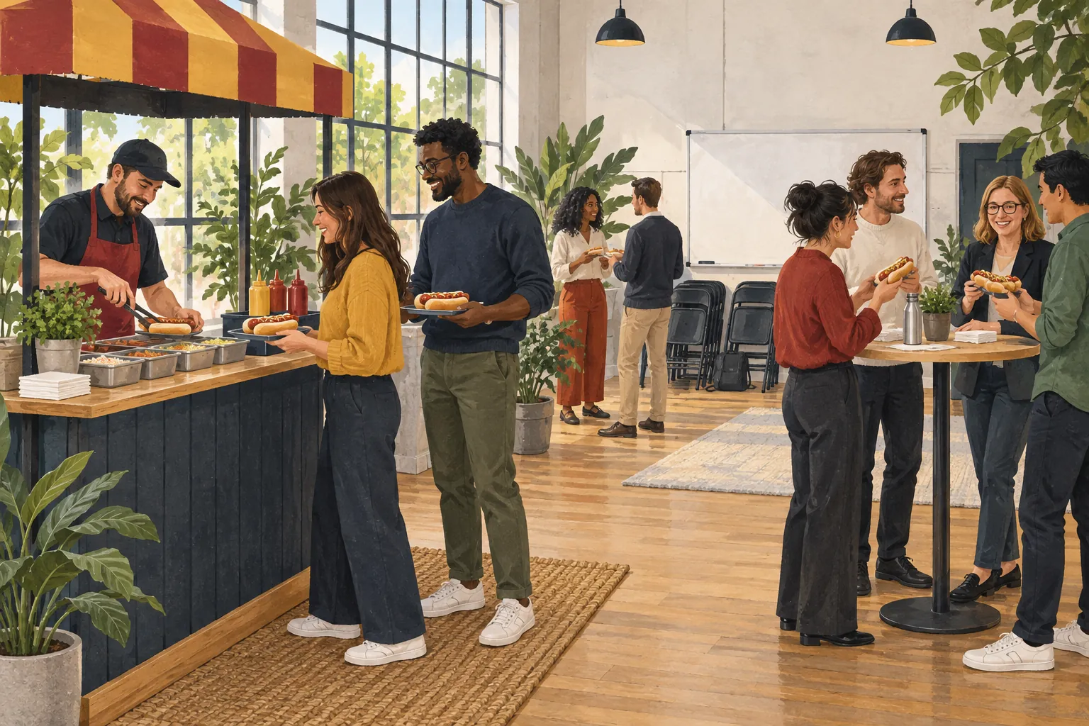 Illustration d’une pause repas de séminaire avec point de service hot dog et espace d’échange séparé.