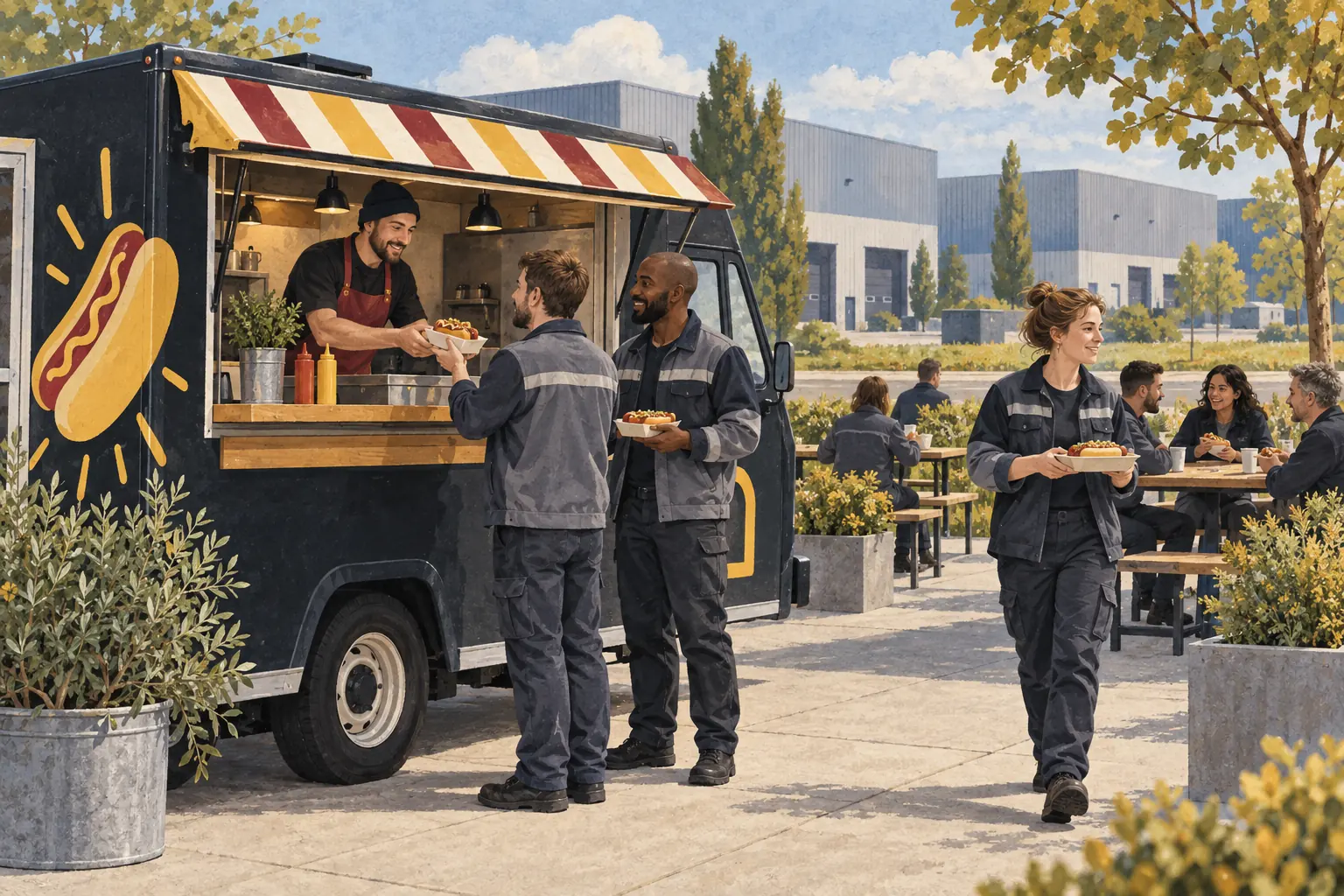 Illustration d’un point de vente hot dog à proximité d’entreprises, avec retrait et tables hors de la voie de circulation.