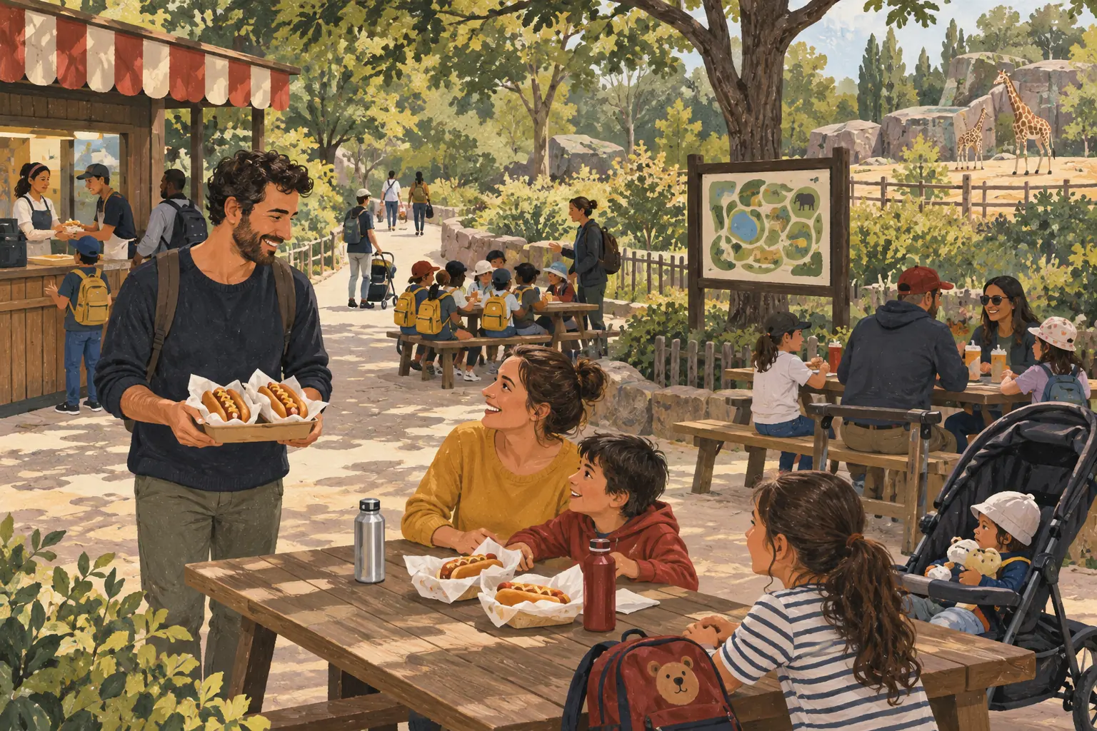 Illustration d’une aire de restauration de parc animalier, avec familles, poussette et groupe de visiteurs.
